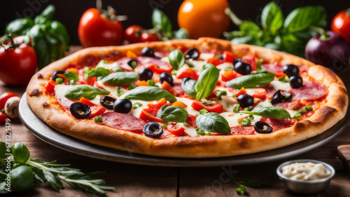 a deliciously cheesy and perfectly baked pizza, adorned with vibrant red tomato sauce, slices of fresh vegetables like bell peppers and mushrooms, succulent olives, and savory meat toppings