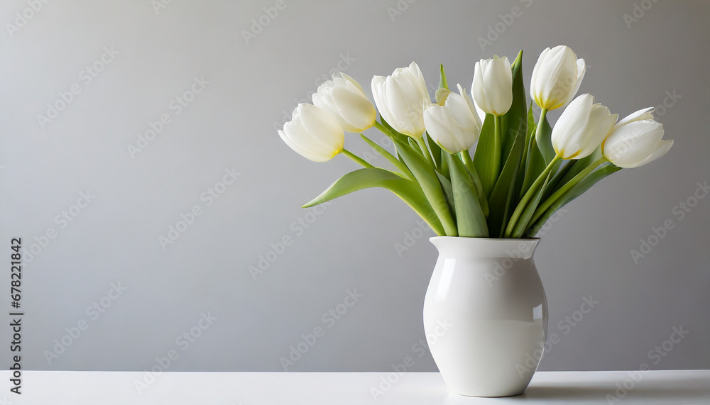 White tulips in a white vase, with a white background White tulips in a white vase, with a white background