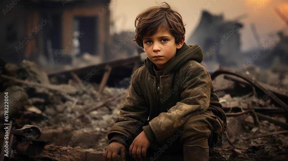 Little  boy sitting sad face on the building ruins after war or disaster. Generative AI