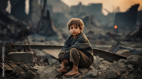 Little  boy sitting sad face on the building ruins after war or disaster. Generative AI photo