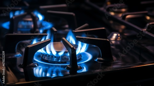 Gas stove with blue flame burning in the kitchen, near black cast iron frame. Generative AI