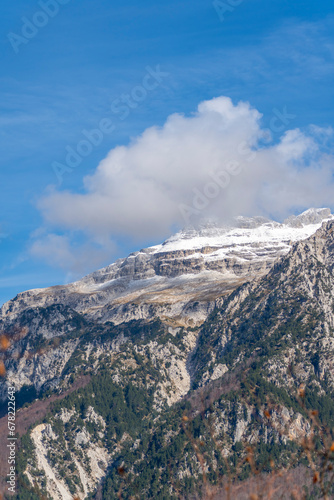 blue sky over valley among albania theth national park and mountains