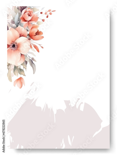Arrangement of nude azalea flowers and leaves at corner frame hand painting on wedding invitation card