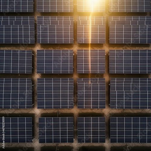 Solar panels at a solar farm in the desert. Photovoltaic technology for sustainability, renewable and clean energy, and a sustainable planet, leading the energy transition