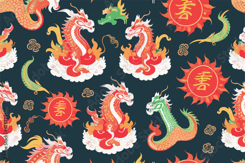 Vector pattern with chinese dragon and hieroglyphs on a black background. 2024 New Year s fashion ornament for fabric  paper  textiles.