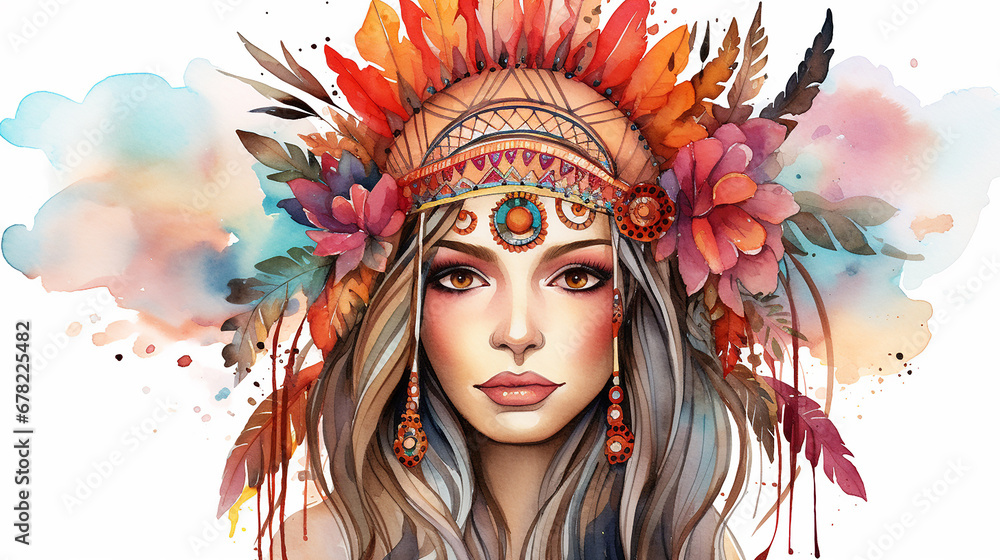 indigena estilo Boho clipart, aquarela, fundo branco,