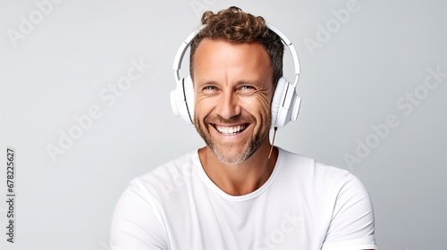 Listening to music is a smile portrait of a man with headphones, a handsome young businessman in a shirt, in a photo studio on a clean white background. photo