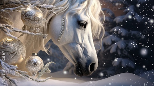 Naklejka A majestic horse nuzzles a sparkling Christmas ornament, its warm breath creating frosty patterns on the decoration.