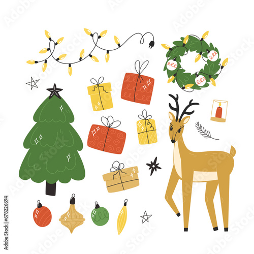 Christmas set of cute elements, vector illustration in flat style