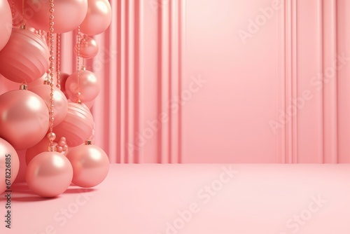 Pink Christmas balls on a light pastel background with copy space