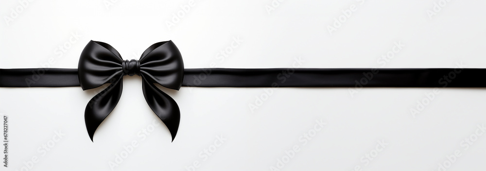 Banner Black bow horizontal ribbon realistic shiny satin for decorate your greeting card or website isolated on white background. Festive,black Friday,birthday concept - obrazy, fototapety, plakaty 