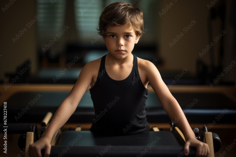 drained kid male practicing pilates in a studio drained kid male practicing pilates in a studio