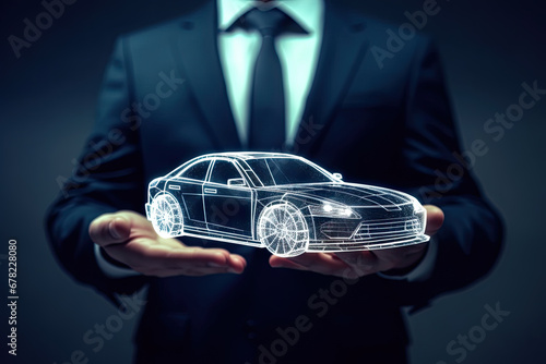 Sales agent in suit demonstrates glowing frame car symbol on dark background