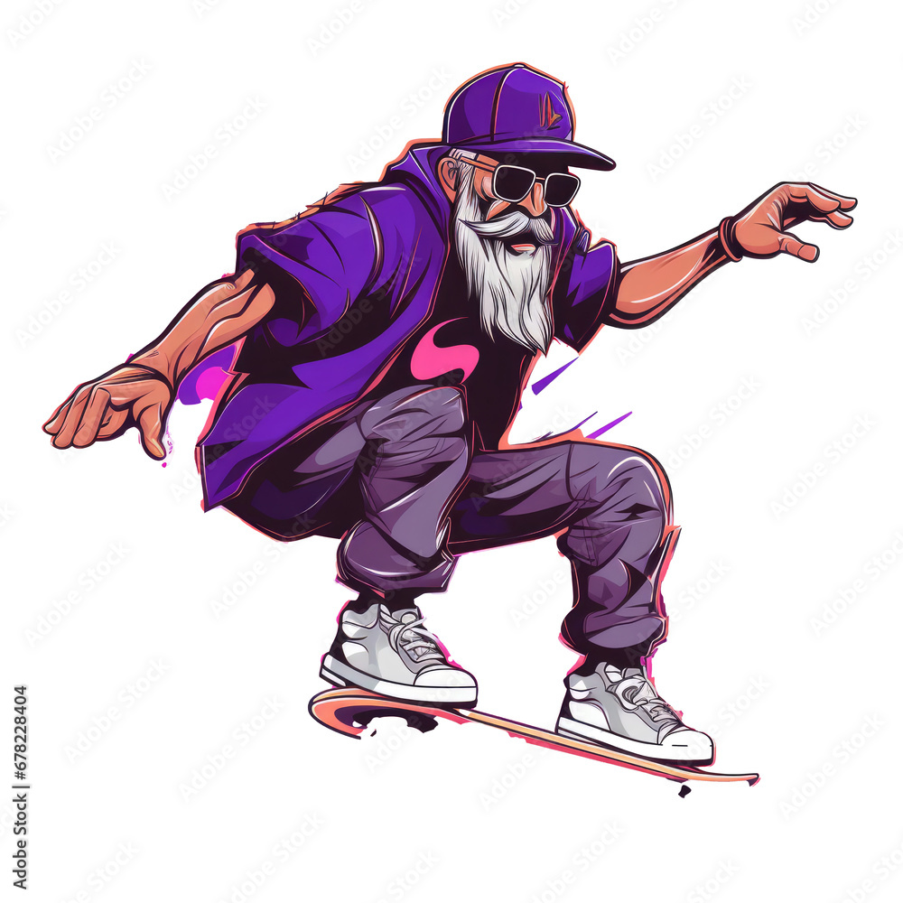 Fototapeta premium Happy senior man grandfather riding a skateboard. Old modern grandfather enjoy active sport. Healthy lifestyle. National Grandparent Day
