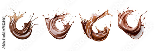 Set of Chocolate splash isolated on transparent or white background, chocolate milk, brown liquid, paint pouring