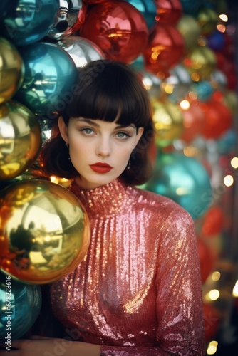 Woman with red lipstick and shiny dress surrounded by colorful christmas ornaments and lights