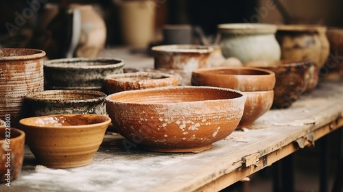 Generative AI, crafted pottery, still life of hand made pottery and ceramic bowls, hobby and leisure concept 