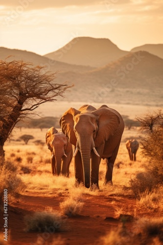 Elephant family journeying through the dusty savannah with a stunning sunset backdrop, displaying wildlife beauty