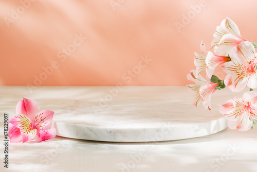 Marble podium with pink lily flowers and aesthetic shadows. Showcase for cosmetic  perfume  design and product presentation. Spring and summer gentle background