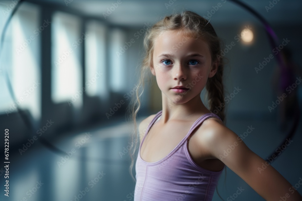Close-up portrait photography of a tired kid female doing rhythmic gymnastics in an empty room. With generative AI technology