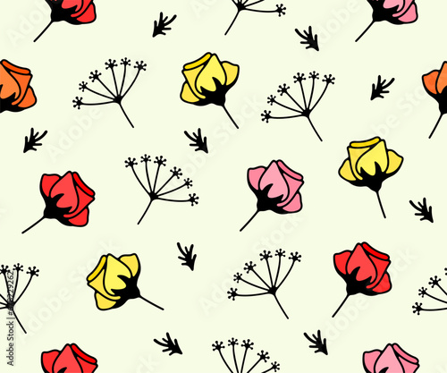 Flowers, floristics, floweret and floral, seamless vector background and pattern. Flower shop, florist shop, blooming, flowering and floristry, vector design and illustration