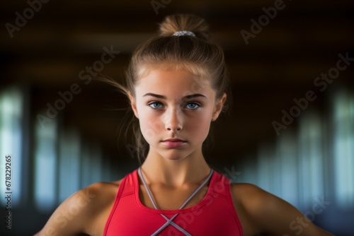 Headshot portrait photography of a serious kid female doing rhythmic gymnastics in an empty room. With generative AI technology