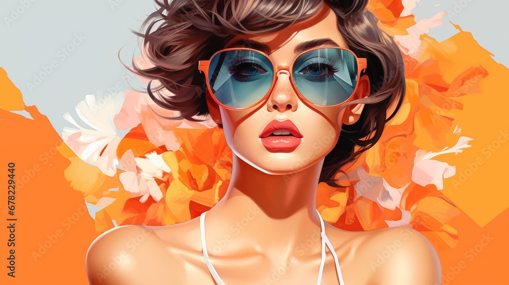 a woman in shades posing in bright orange flowers. Fantasy concept , Illustration painting.