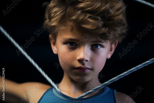 Close-up portrait photography of an active kid male doing rhythmic gymnastics in a studio. With generative AI technology