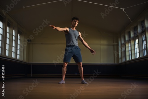 Sports portrait photography of an active boy in his 20s doing rhythmic gymnastics in an empty room. With generative AI technology