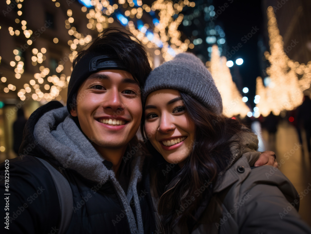 A couple take a selfie in the street on Christmas night A couple take a selfie in the street on Christmas night
