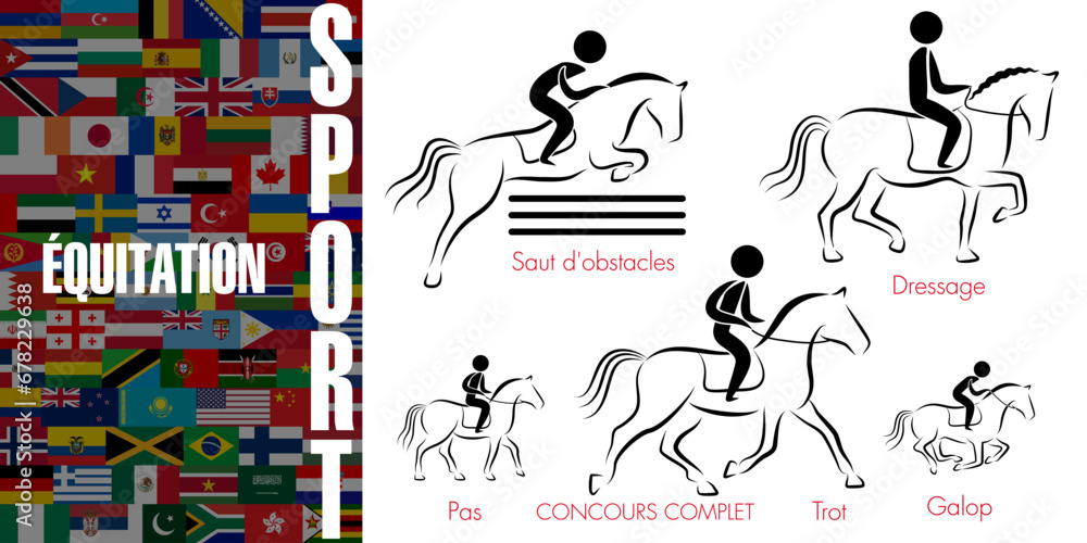 Ensemble de pictogrammes représentant les 3 disciplines sportives réalisées avec un cheval - Texte sur un fond de drapeaux mondiaux, Traduction : sport, équitation.