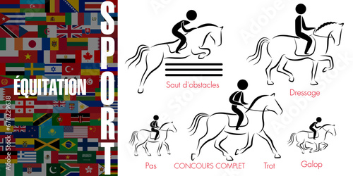 Ensemble de pictogrammes représentant les 3 disciplines sportives réalisées avec un cheval - Texte sur un fond de drapeaux mondiaux, Traduction : sport, équitation.