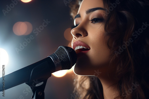 Generative ai modern technology portrait of person on stage using microphone singing song pub bar club