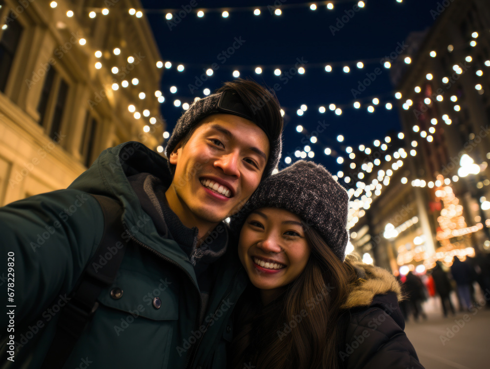 A couple take a selfie in the street on Christmas night A couple take a selfie in the street on Christmas night