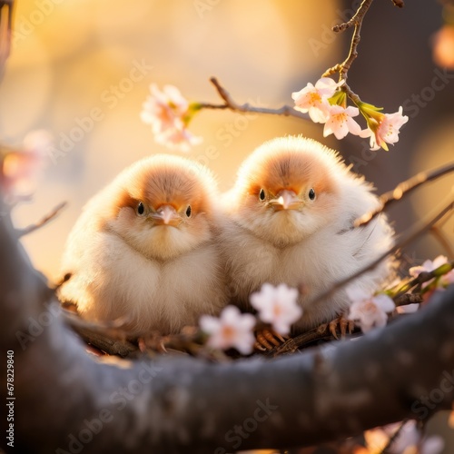 Small yellow chicks perched within a nest amidst branches. © Radmila Merkulova