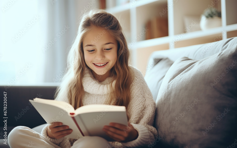 Fair-skinned girl in a warm bright sweater reads a book while sitting on the sofa. Beautiful photo of a teenage female with a book. Fair-skinned girl in a warm bright sweater reads a book while sitting on the sofa. Beautiful photo of a teenage female with a book.