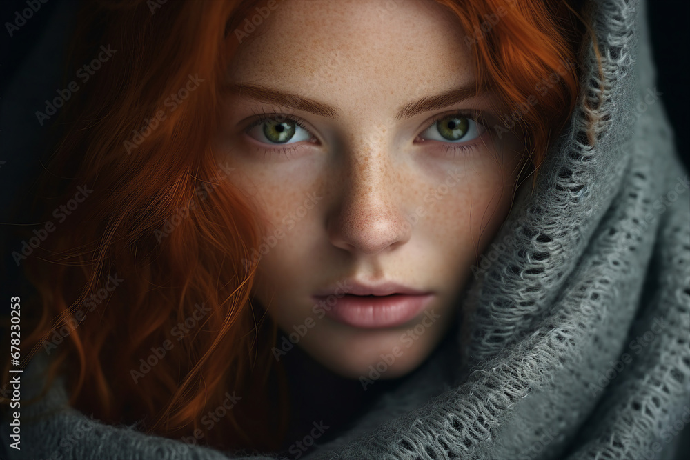 Generative AI closeup portrait young foxy ginger girl wrapped in warm laundry blanket waking up chilly morning Generative AI closeup portrait young foxy ginger girl wrapped in warm laundry blanket waking up chilly morning