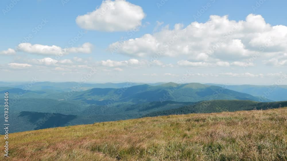View of the field, hills and blue sky with white clouds. Hiking in the mountains View of the field, hills and blue sky with white clouds. Hiking in the mountains