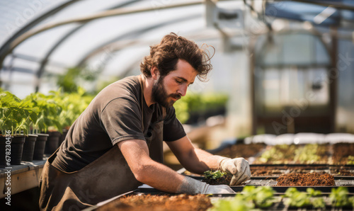 Botanical Innovation, Gardener Tending to Growing Plants in a Vibrant Greenhouse