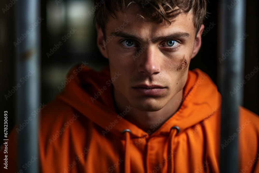 Guilty criminal person standing behind prison cage bars Generative AI creative illustration Guilty criminal person standing behind prison cage bars Generative AI creative illustration