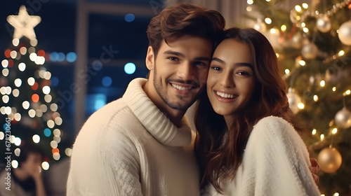 Pareja de hombre y mujer latina con fondos brillantes de luces navideñas  photo