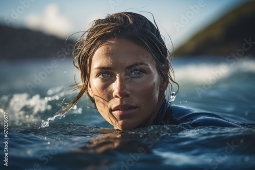 tired girl in her 20s surfing in the sea photo