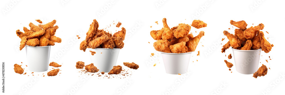 Set of Fried chicken flying on paper bucket isolated on transparent or white background - obrazy, fototapety, plakaty 