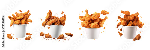 Set of Fried chicken flying on paper bucket isolated on transparent or white background photo