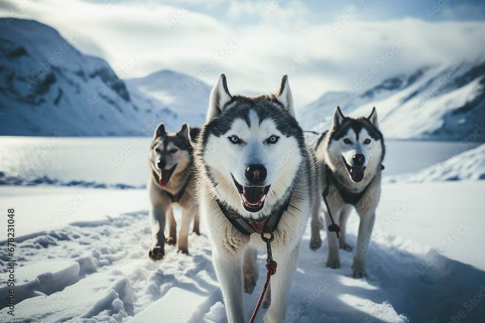 Generative AI of siberian husky dogs in harness climbing up down mountain resort christmas time Generative AI of siberian husky dogs in harness climbing up down mountain resort christmas time