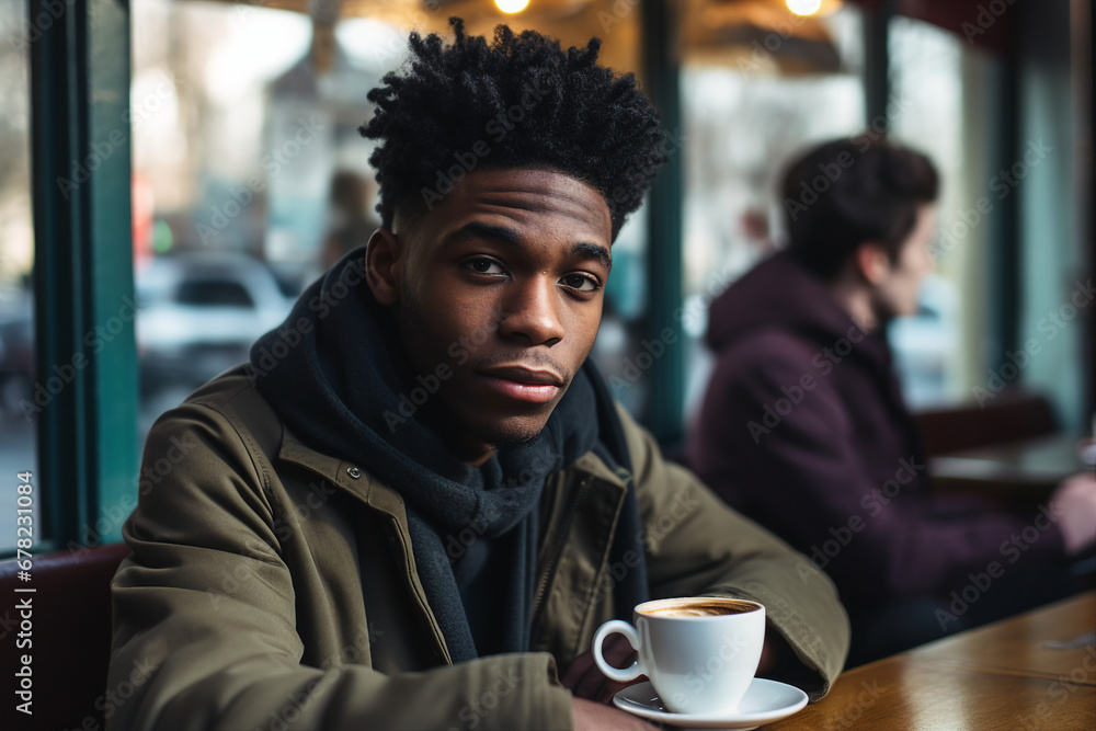 Generative AI portrait of confident city citizen person enjoying weekend time drinking coffee in modern cafe Generative AI portrait of confident city citizen person enjoying weekend time drinking coffee in modern cafe