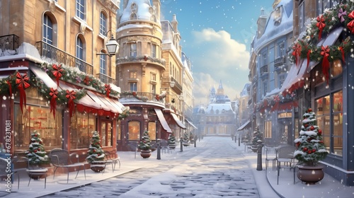 City street decorated with decorations for Christmas. Fantasy concept , Illustration painting.