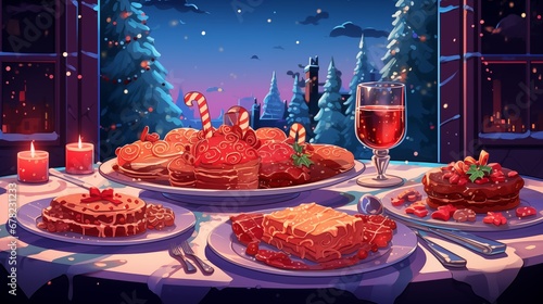 Christmas dinner with traditional dishes. Fantasy concept , Illustration painting.