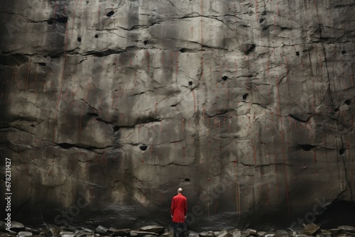 The photo vividly captures the essence of confronting insurmountable challenges, as a lone man stands resolute before an imposing, impenetrable wall or rock.