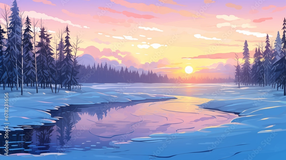 beautiful winter landscape with river and winter forest at sunset. Fantasy concept , Illustration painting.